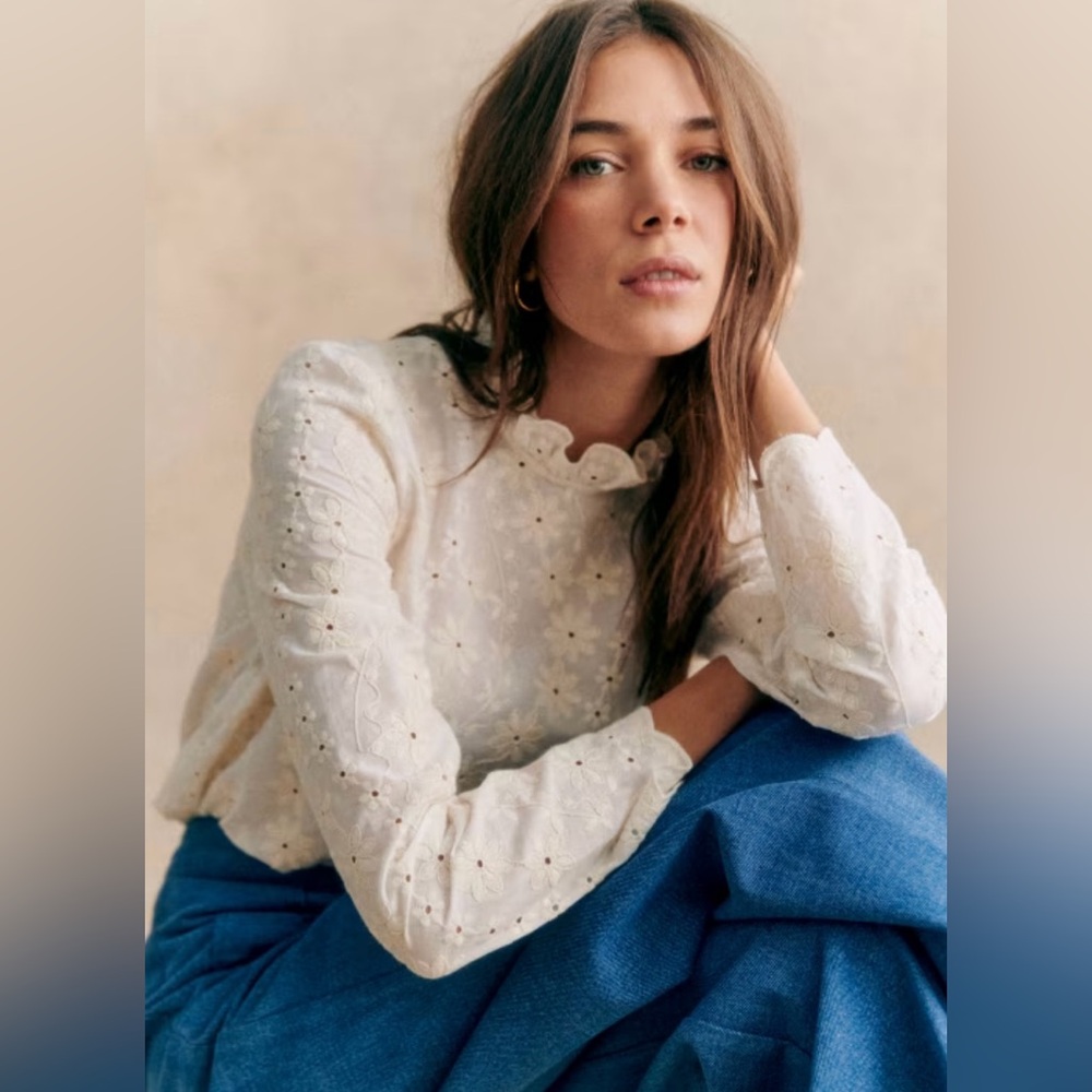 SÉZANE Églantine Blouse / Écru with Cream Embroidery / Size 40 (FR)